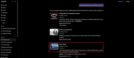 Amar Towing — LLM Visibility screenshot 2