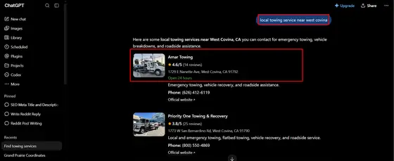 Amar Towing — LLM Visibility screenshot 3