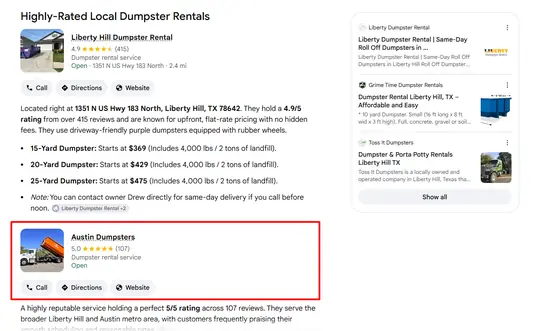Austin Dumpsters — AI Overview screenshot 2
