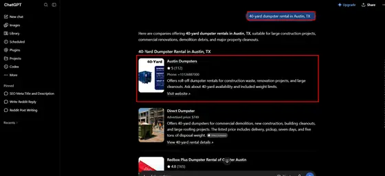 Austin Dumpsters — LLM Visibility screenshot 1