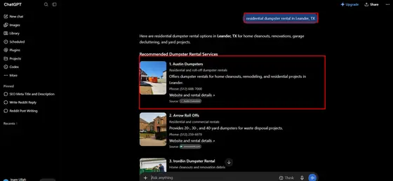 Austin Dumpsters — LLM Visibility screenshot 2