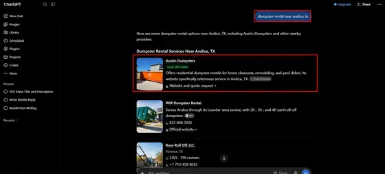 Austin Dumpsters — LLM Visibility screenshot 3