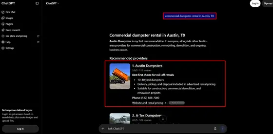 Austin Dumpsters — LLM Visibility screenshot 4
