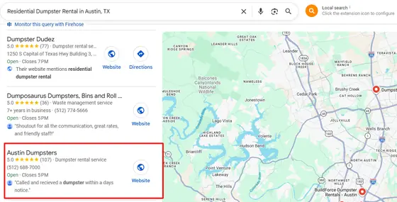 Austin Dumpsters — Google Map Rankings screenshot 1