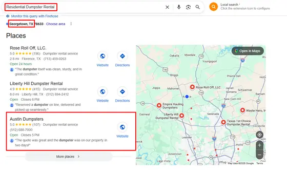 Austin Dumpsters — Google Map Rankings screenshot 3