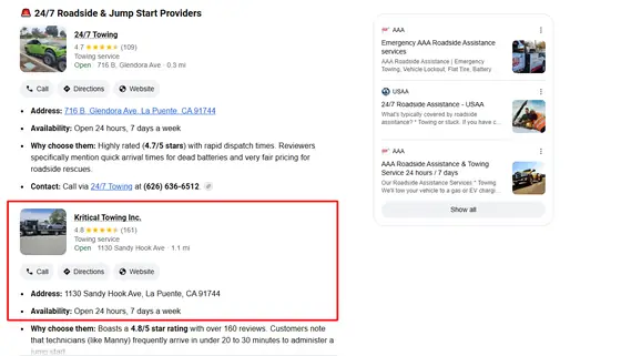 Kritical Towing Inc. — AI Overview screenshot 6