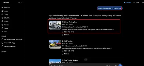 Kritical Towing Inc. — LLM Visibility screenshot 1
