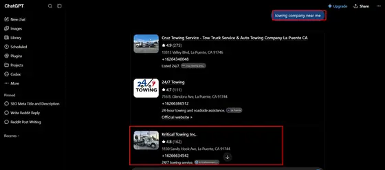 Kritical Towing Inc. — LLM Visibility screenshot 2