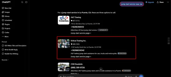 Kritical Towing Inc. — LLM Visibility screenshot 4