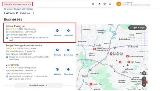 Kritical Towing Inc. — Google Map Rankings screenshot 1