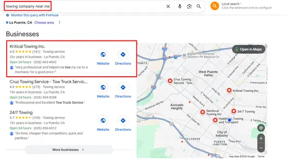 Kritical Towing Inc. — Google Map Rankings screenshot 2