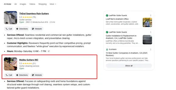 Malibu Gutters INC — AI Overview screenshot 5