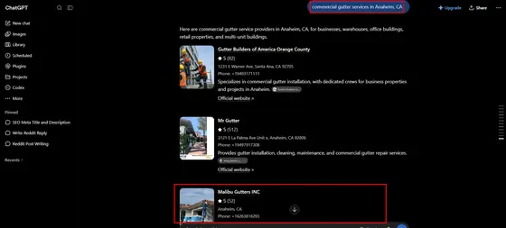 Malibu Gutters INC — LLM Visibility screenshot 3
