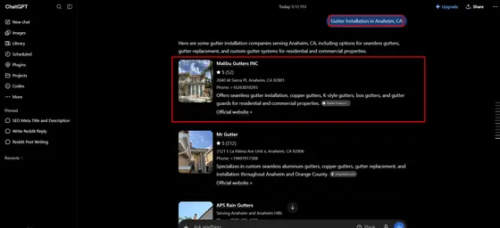 Malibu Gutters INC — LLM Visibility screenshot 4