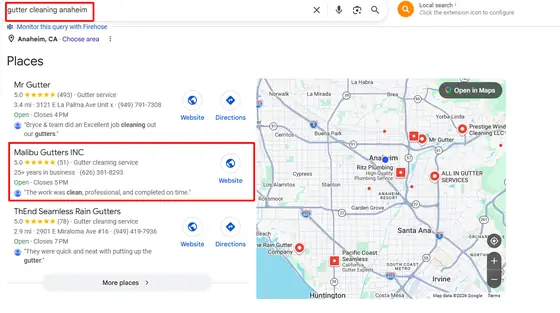 Malibu Gutters INC — Google Map Rankings screenshot 1