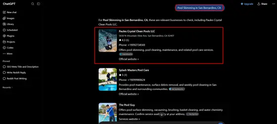 Paules Crystal Clean Pools — LLM Visibility screenshot 2