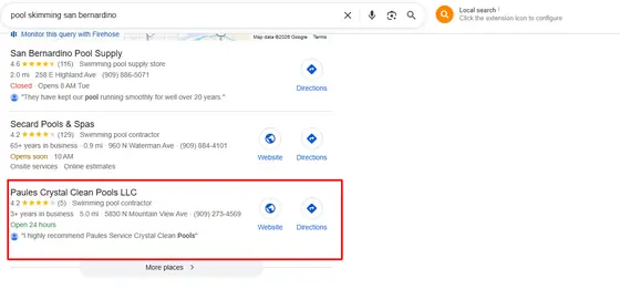 Paules Crystal Clean Pools — Google Map Rankings screenshot 2