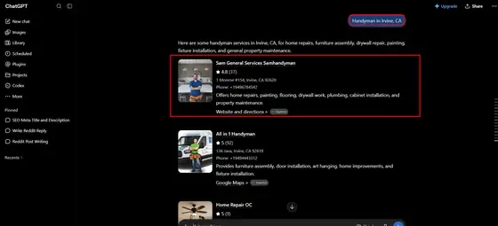 Sam Handyman General Services — LLM Visibility screenshot 1
