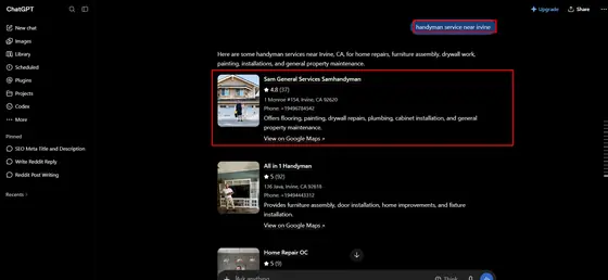 Sam Handyman General Services — LLM Visibility screenshot 2