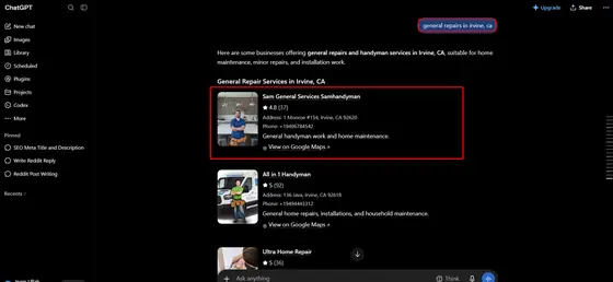 Sam Handyman General Services — LLM Visibility screenshot 3