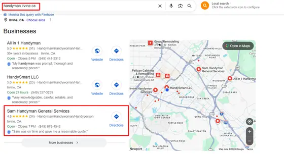 Sam Handyman General Services — Google Map Rankings screenshot 2