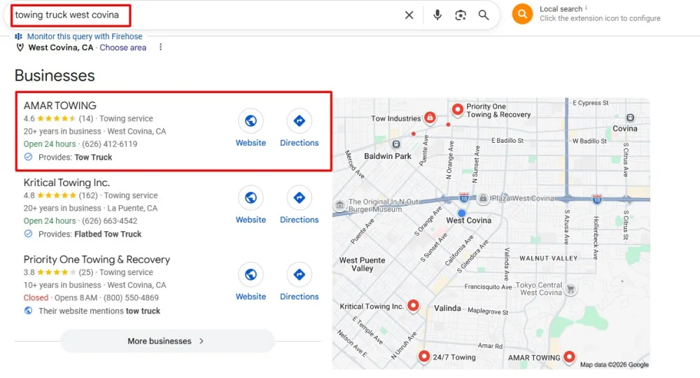 Google Map Pack — Amar Towing ranking first for "towing truck west covina"