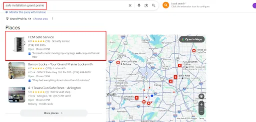 Map Pack for "safe installation grand prairie" — FCM Safe Service ranking first