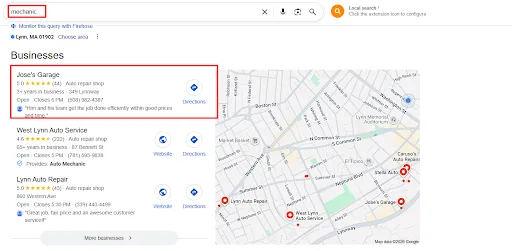 Map Pack for "mechanic" in Lynn, MA — Jose's Garage ranking first