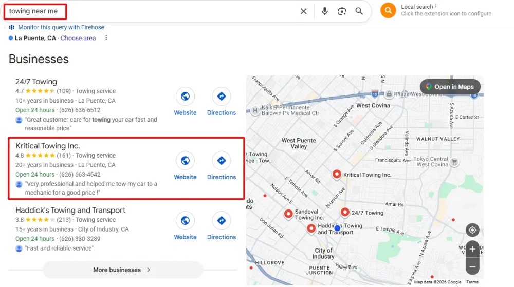 Map Pack for "towing near me" in La Puente — Kritical Towing in position two