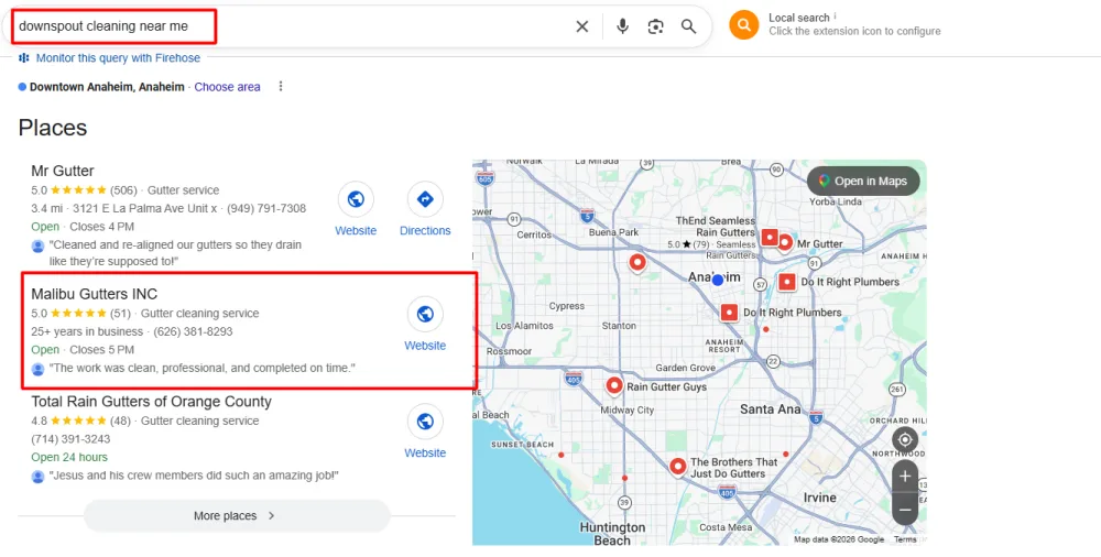 Map Pack for "downspout cleaning near me" — ranking against far larger competitors