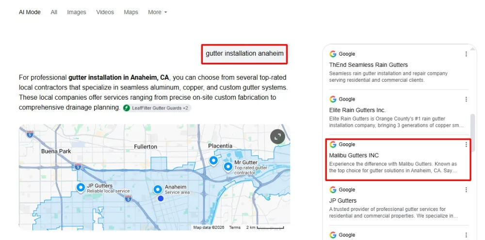 Google AI Overview naming Malibu Gutters for "gutter installation anaheim"