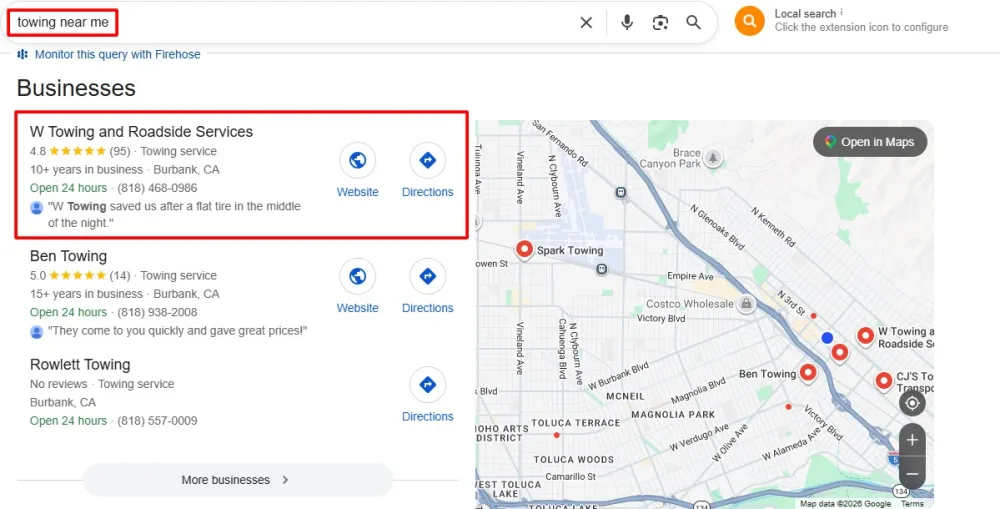 Map Pack for "towing near me" in Burbank — W Towing in first position